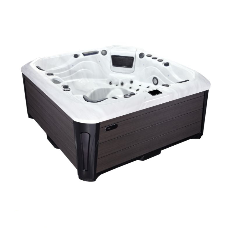 Platinum Spas Kenya Premium Hot Tub with two loungers and three seats, noble acrylic tub in marble look, surrounded by dark wood paneling - stylish Hot tub-design for up to five Persons.